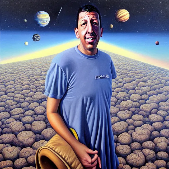 Image similar to an oil on canvas portrait painting of adam sandler, surrealism, surrealist, cosmic horror, rob gonsalves, high detail