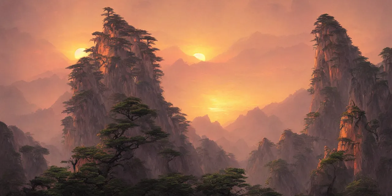Image similar to surnatural sunset over huangshan, artwork by greg rutkowski