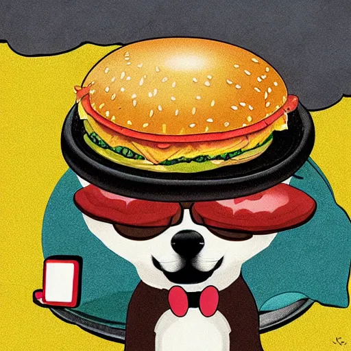 Prompt: a fortune-telling shiba inu reading your fate in a giant hamburger, digital art