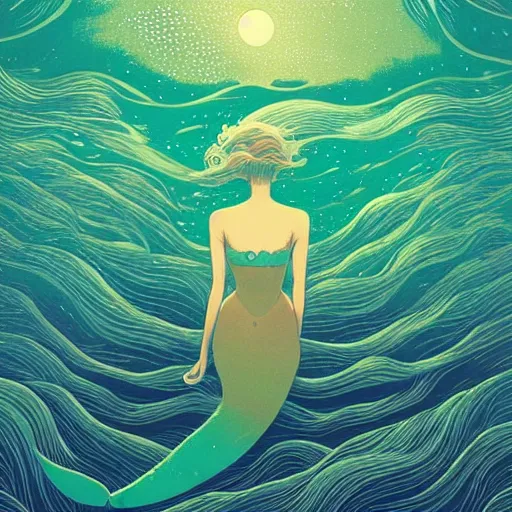 Prompt: the mermaid, ocean at night evokes wonder, dark sky, pronounced waves, victo ngai, kilian eng, lois van baarle, flat