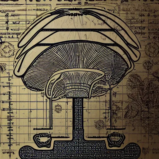 Image similar to blueprint electronic mushroom victorian style