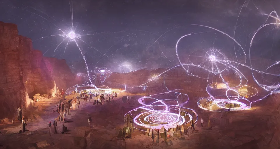 Image similar to night, a lot of people and a spiral - shaped white luminous attractor is floating in grand canyon, concept art, art for the game, professional lighting, art