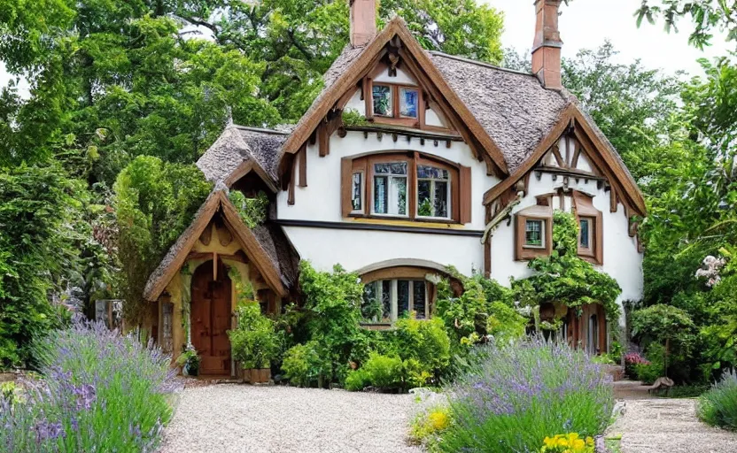 Image similar to cottage style house exterior, lush and green environment, art nouveau, garden with wild flowers and lavender, beige stucco walls, wooden timberwork, cobble stone path way, serene, bohemian