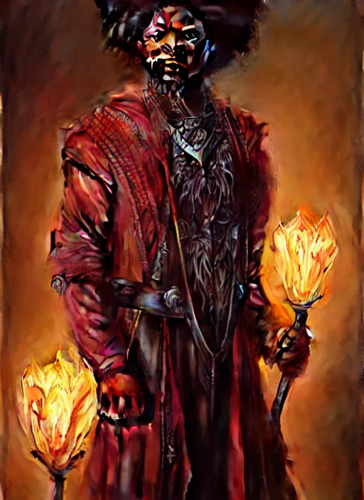 Prompt: african american wizard, full body, hyper realistic, extremely detailed, dnd character art portrait, dark fantasy art, intricate fantasy painting, dramatic lighting, vivid colors, deviantart, artstation, by edgar maxence and caravaggio and michael whelan and delacroix.