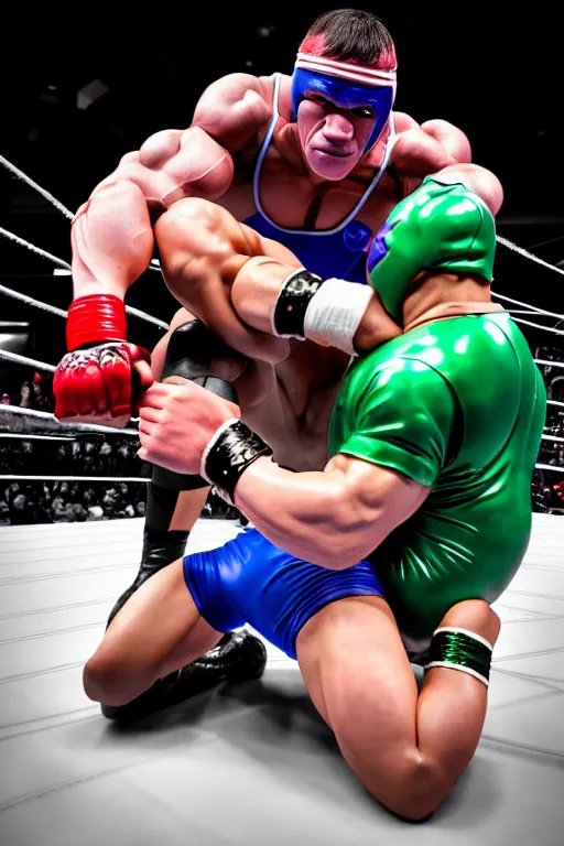 Image similar to john cena wrestling with kamen rider, high resolution, smooth, photorealistic, intricate, face features, body features, photorealistic, smooth, 4 k, aesthetic lighting, baroque object, sharp focus, hyperdetailed object, by : canon eos 5 d mark iv and sigma 7 0 - 2 0 0 mm f / 2. 8 dg os hsm sports