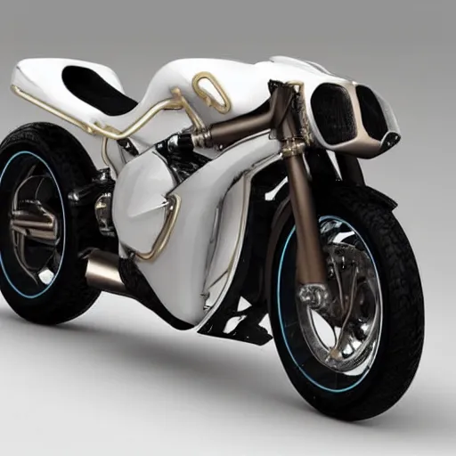 Prompt: a white and gold motorcycle on a white background, a computer rendering by hendrick cornelisz vroom, trending on cgsociety, kinetic art, steampunk, made of liquid metal, biomorphic