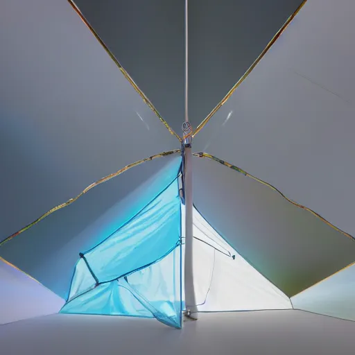 Image similar to an ultra high definition professional studio quality photograph of a transparent iridescent perspex pastel coloured combined raincoat and tent on a coat hook in an empty white room. dramatic lighting, ray tracing, refraction, shallow d. o. f, colour corrected, golden ratio, three point light. volumetric shadows. light rays.