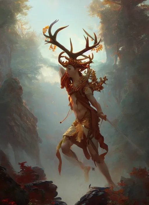 Prompt: Gigantic Deity with antlers and translucent mushrooms, extremly detailed digital painting, in the style of Fenghua Zhong and Ruan Jia and Jeremy Lipking and Peter Mohrbacher, rim light, beautiful lighting, mystical colors, 8k, stunning scene, raytracing, octane, trending on artstation