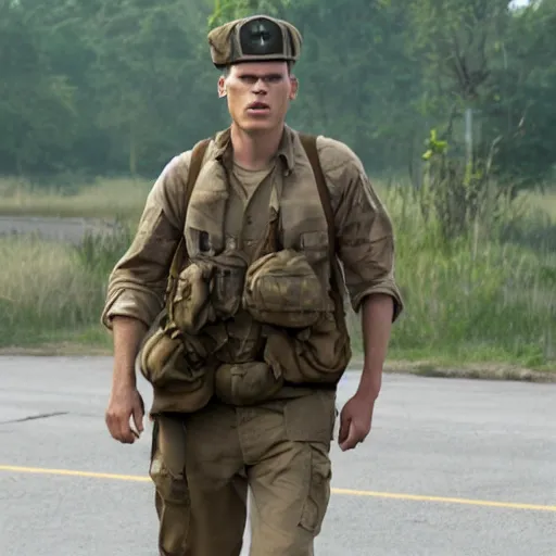 Image similar to Live Action Still of Jerma in Full Metal Jacket, real life, hyperrealistic, ultra realistic, realistic, highly detailed, epic, HD quality, 8k resolution, body and headshot, film still