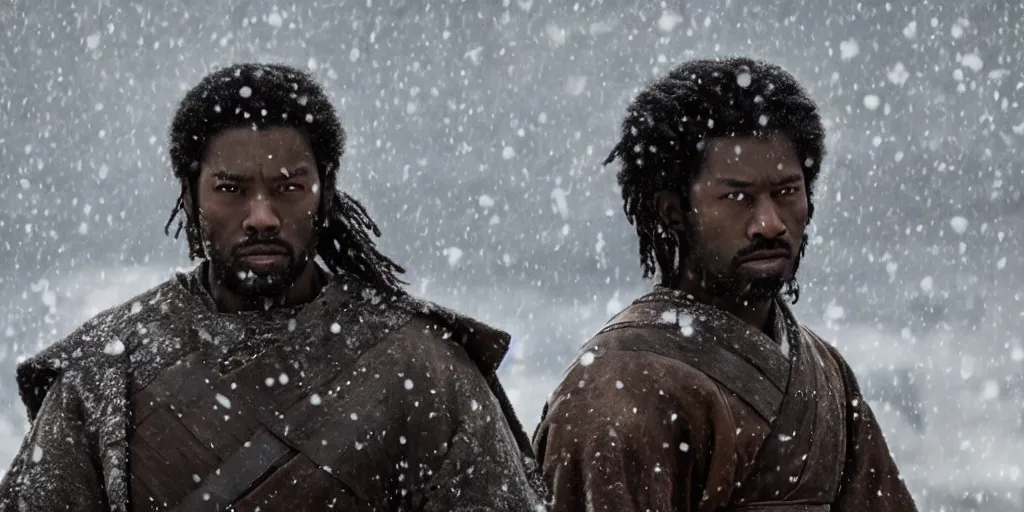 Image similar to a film still of a black man starring in a japanese blockbuster film as ancient samurai, snow falling, shallow depth of field, cinematic, award winning cgi, vfx, film still