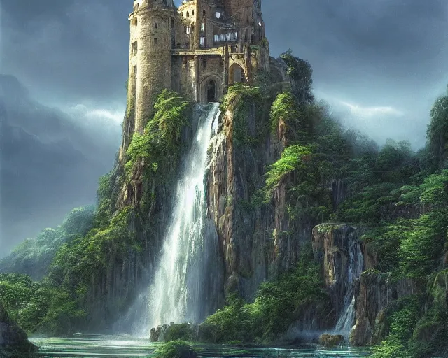 Prompt: Wide waterfall with a tower on top. Tower surrounded by an external spiral staircase. Detailed gorgeous art, trending on ArtStation by Ted Nasmith.