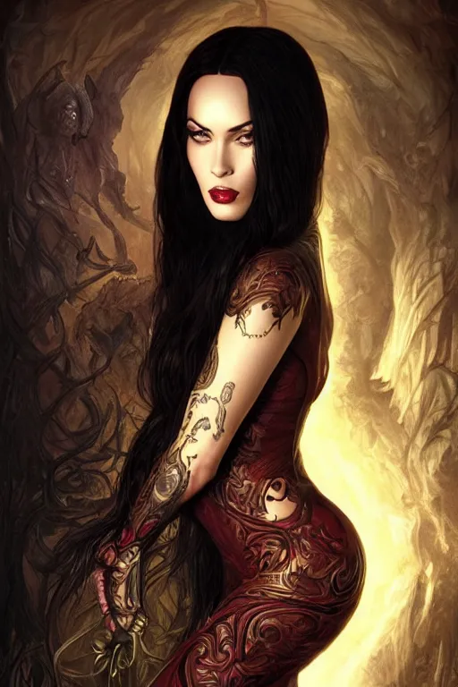 Prompt: ultra realistic illustration, megan fox as morticia addams from baldurs gate and diablo, intricate, elegant, highly detailed, digital painting, artstation, concept art, smooth, sharp focus, illustration, art by artgerm and greg rutkowski and alphonse mucha