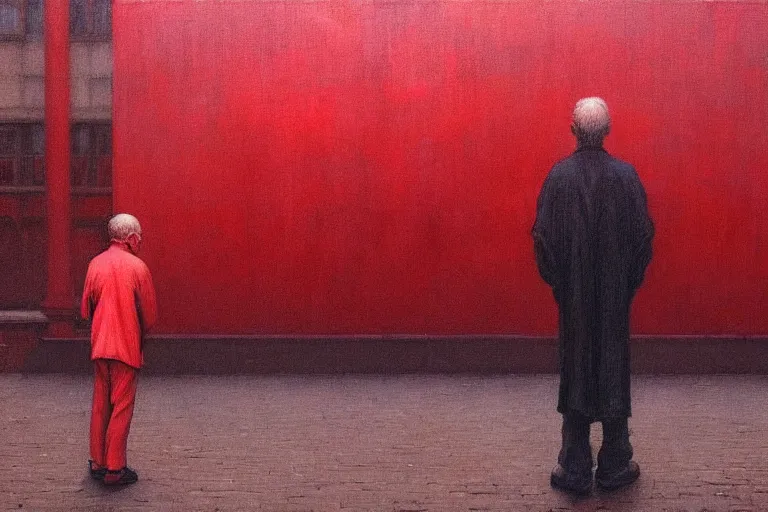 Image similar to only with red, a red old man try to sell a portrait, a crowd cheering, in a city square, in the style of beksinski, parts by edward hopper, parts by rodcenko, parts by yue minjun, intricate and epic composition, red by caravaggio, insanely quality, highly detailed, masterpiece, red light, artstation, 4 k