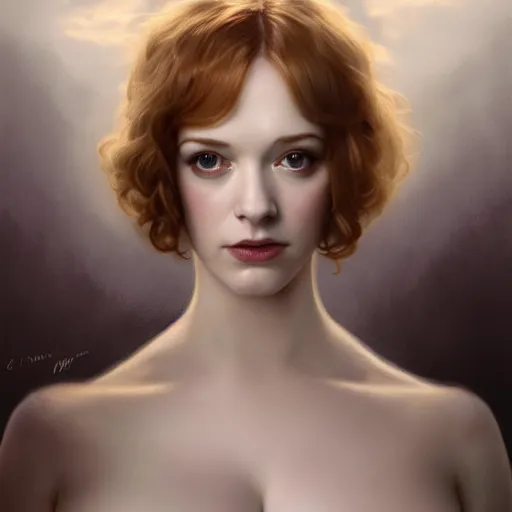 Image similar to symmetrical!! looking at the camera!!! a portrait of an angel young christina hendricks wearing a white silky dress, upper body, concept art, deep focus, sky, heaven, clouds, intricate, highly detailed, digital painting, artstation, matte, sharp focus, illustration, art by greg rutkowski and alphonse mucha