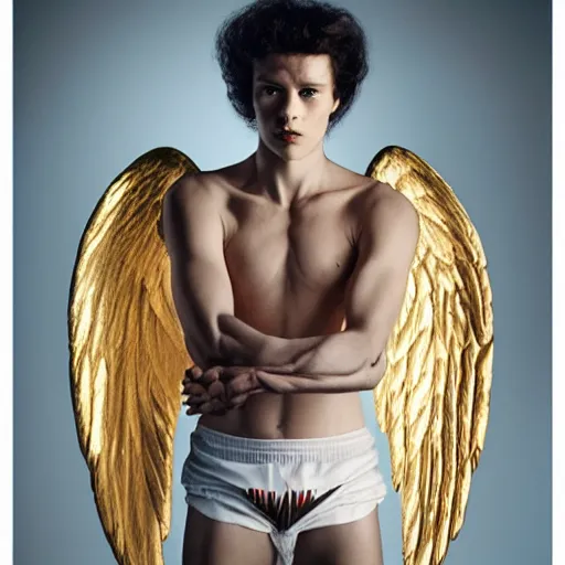 Image similar to a portrait of a beautiful athletic young male iridiscent angel , photographed by erwin olaf, artistic