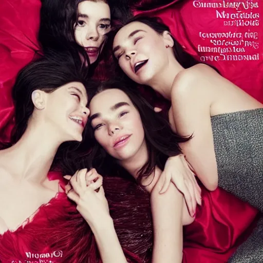 Image similar to stunning vogue magazine photo of dark - haired goddesses vanessa kirby, hailee steinfeld, and bjork smiling, legs intertwined, laying back on the bed, surrounded by adult toys, with wet faces!!, wet lips, smooth skin, perfect eyes, insanely detailed, elegant, by wlop, rutkowski, livia prima, mucha, wlop,