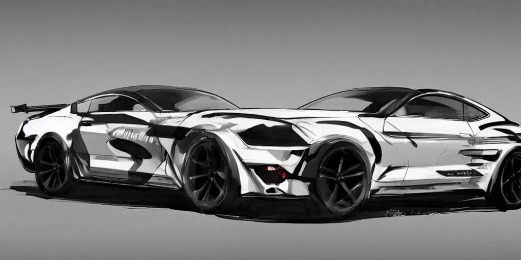 Image similar to hybrid design of Ford Mustang GT 1970 and Aston Martin 2022. No background, concept art style.