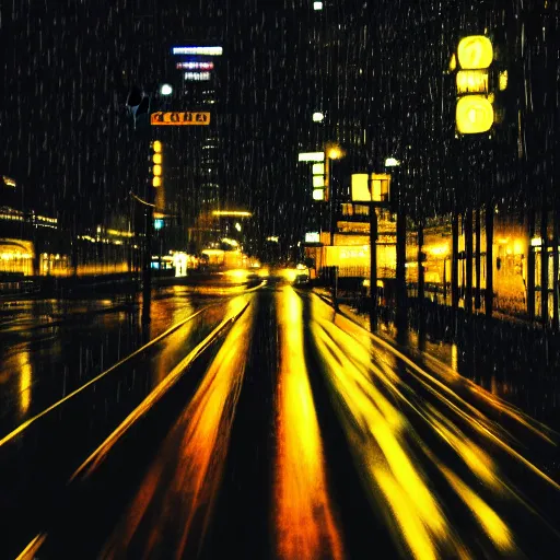 Prompt: driving rain, view through rain streaked window, rainy night city street, traffic headlights, bustling with people, street lights, neon, reflections, cyberpunk vibe, photographic realism, ridley scott, driving rain, thick atmosphere,