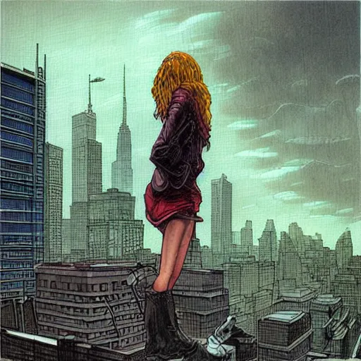 Image similar to “ a girl on a ledge overlooking futuristic new york city, ghostpunk, dark rain clouds, extreme detail, by moebius ”