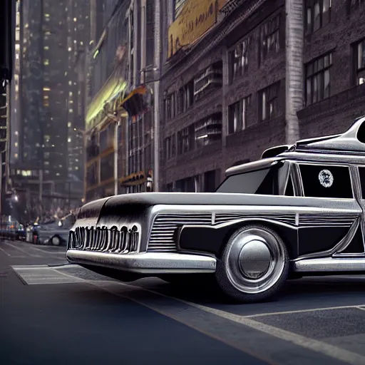 Image similar to A futuristic 50's style hearse on a manhattan street, beautiful, detailed, intricate, insanely detailed, 3D render digital art, octane render, 8K, photorealistic digital art, realistic volumetric lighting