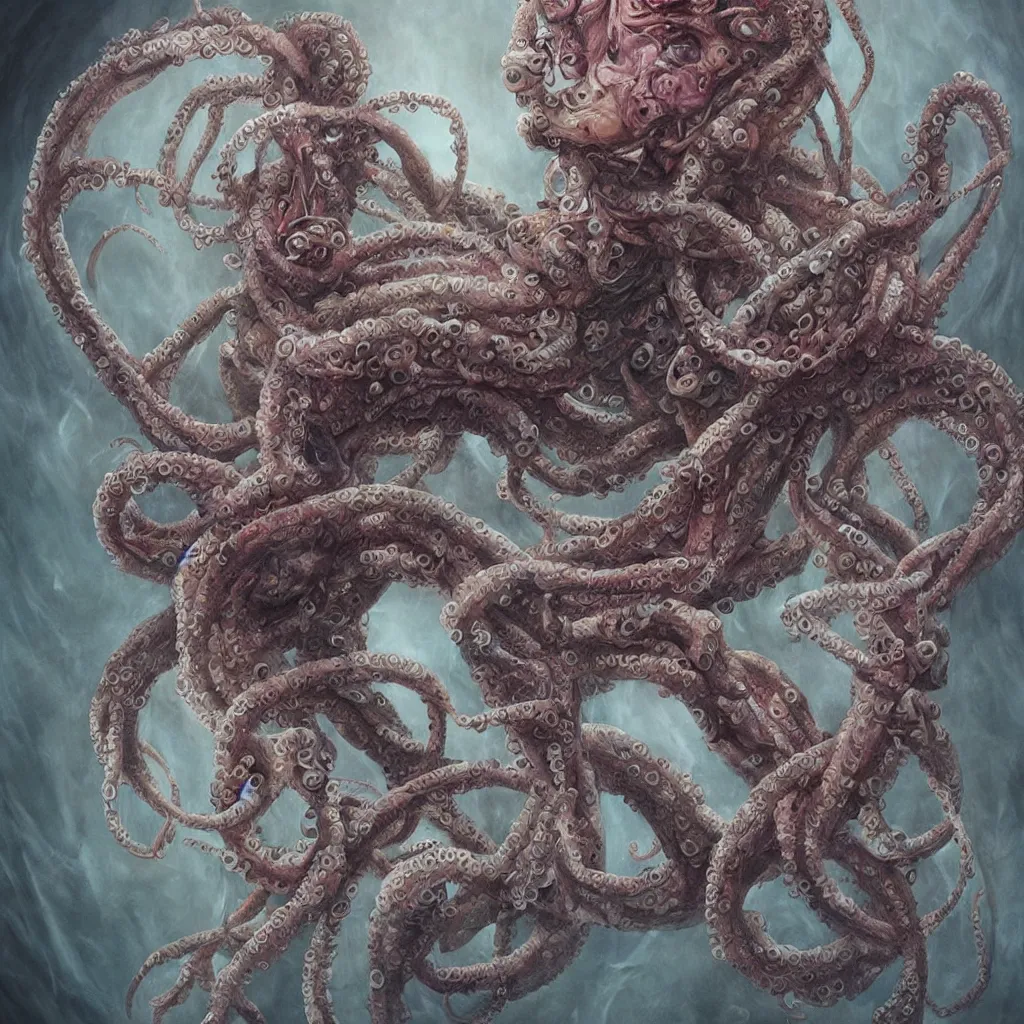 Image similar to Painting, Creative Design, Human octopus hybrid, Biopunk, Body horror, by Marco Mazzoni