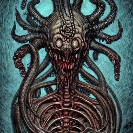 Image similar to eldritch horror, creature made from bloody flesh and rotting tumors, in the style of h. r. giger, best of artstation, intricate, detailed