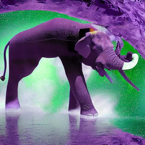 Prompt: digital art James Webb photo of Purple elephant falls from a green waterfall into a supermassive black hole, photorealism