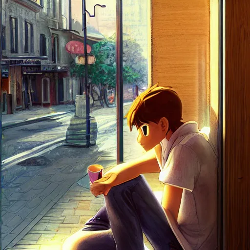 Prompt: a male teenager sitting on a cafe and looking to a window, artgerm, anime style, pixar and disney style, path traced, color painting, anatomically correct, cinematic, high coherence, highly detailed, high quality, serene scene, colorful, symmetrical, beautiful, elegant, short black hair, vintage, realistic and detailed face