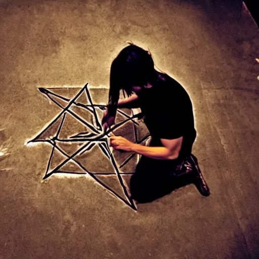 Prompt: a metal musician using a pentagram on the floor to conjure a demon. Candles. Ominous lights. Magic. Horror film still.