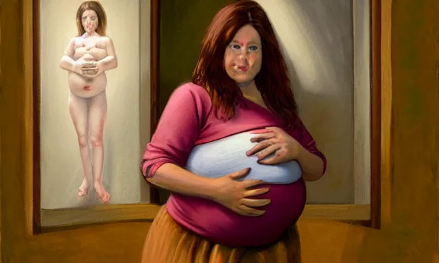 Prompt: pregnant woman in a doorway holding a flesh monstrosity like a baby fantasy painting