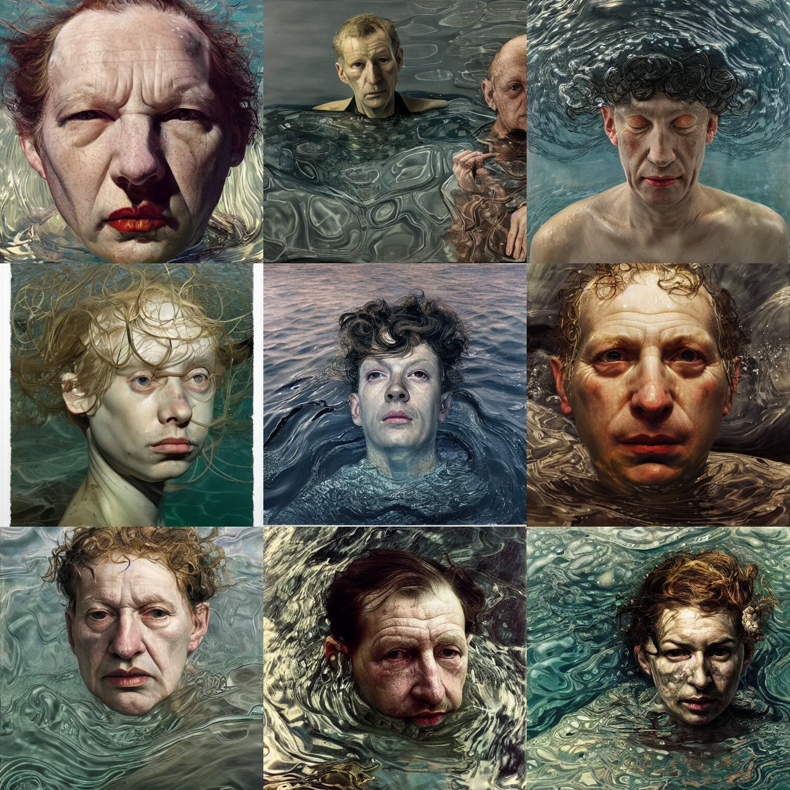 Prompt: hyperrealist portrait underwater dark ocean wet by lucian freud and victo ngai and ilya repin very detailed faces