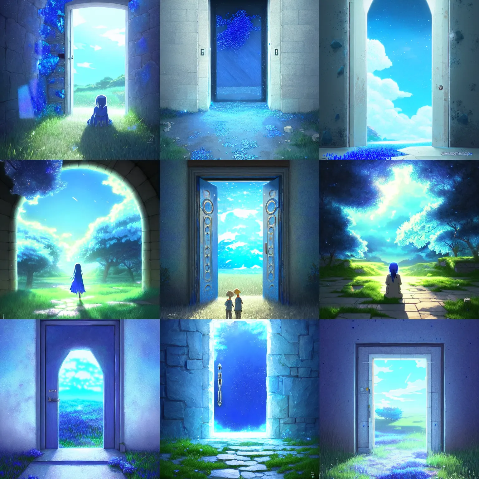 Prompt: an door to another dimension made of blue crystals, surround by a field, a fantasy digital painting by makoto shinkai and james gurney, trending on artstation, highly detailed