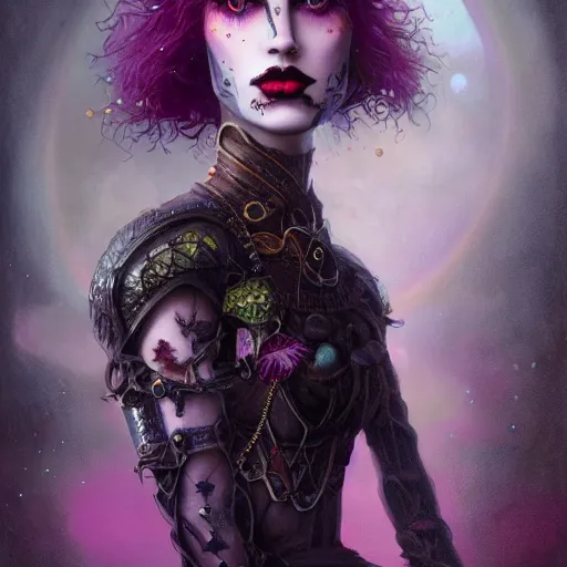 Image similar to by tom bagshaw, photorealistic portrait of a curiosities carnival, single beautiful in a full gothic armor, multiple dyed colors purple black lustrous thin haircut, marvel, symmetry accurate features, focus, rainbow lighting, very intricate details, award winning masterpiece, ultra deep fog background