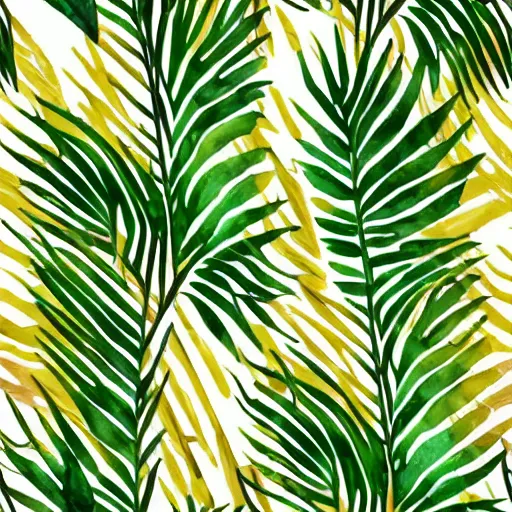 Image similar to repeating pattern seamless. watercolor. tropical palm leaves, warm light, gold and green, hyperrealistic, minimalistic, stylized