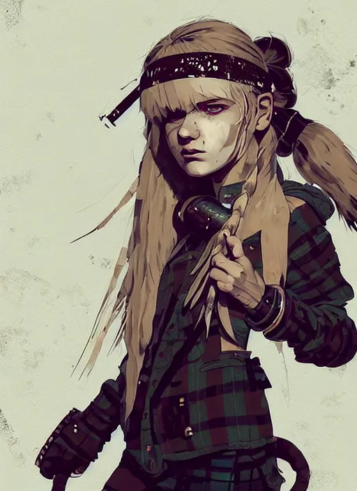 Image similar to highly detailed closeup portrait of a sewer punk swedish female road warrior student, tartan garment, blonde hair pigtails with headband by atey ghailan, by greg rutkowski, by greg tocchini, by james gilleard, by joe fenton, by kaethe butcher, gradient cyan, black, brown and white color scheme, grunge aesthetic!!! white graffiti tag wall background