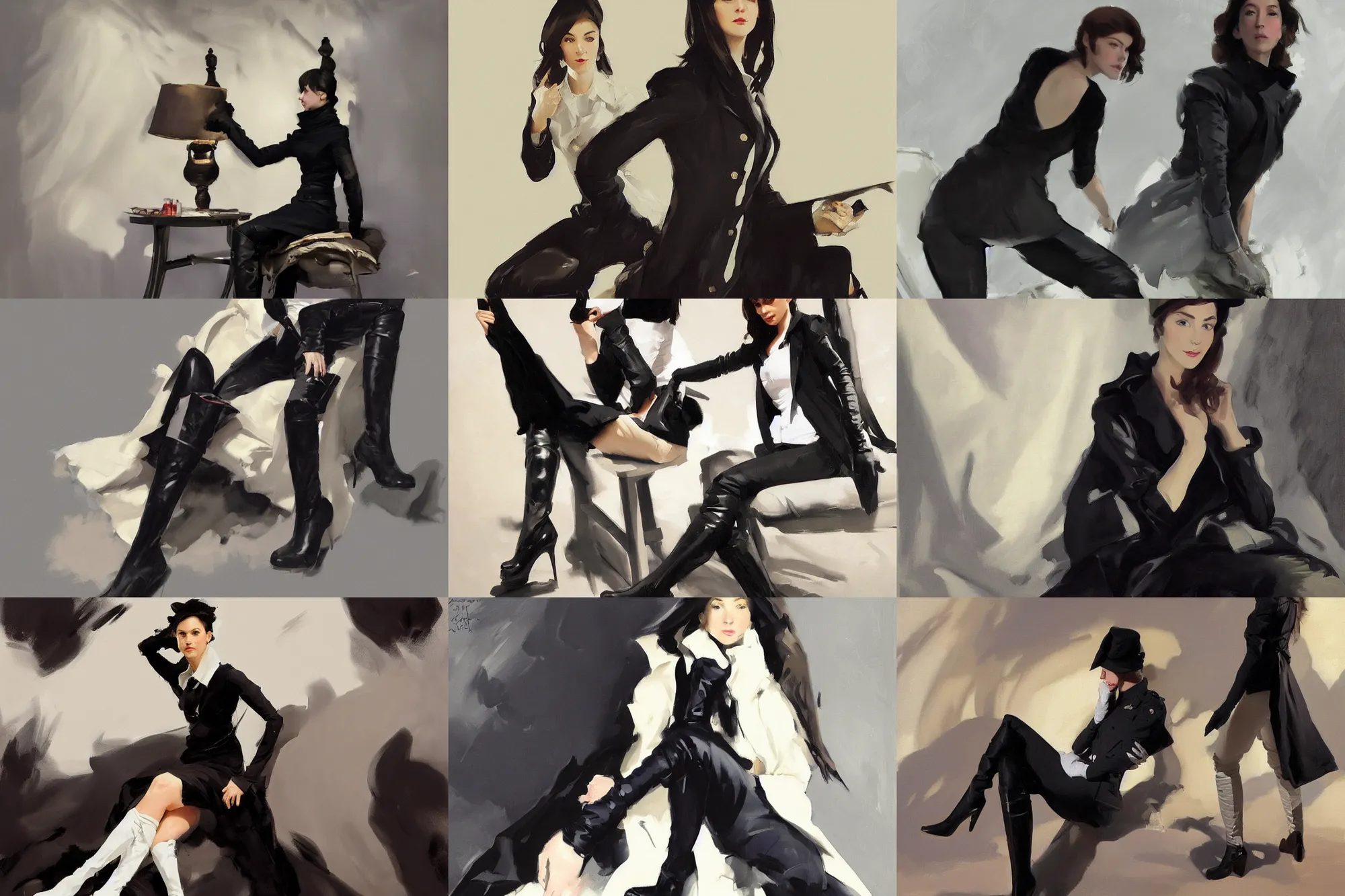 Image similar to black white cloth fabric jodhpurs knee high boots travel coat fashion, portrait in sitting pose, greg manchess painting by sargent and leyendecker, studio ghibli, fantasy, asymmetrical, intricate, elegant, matte painting, illustration, hearthstone, by greg rutkowski, by greg tocchini, by james gilleard, by joe fenton