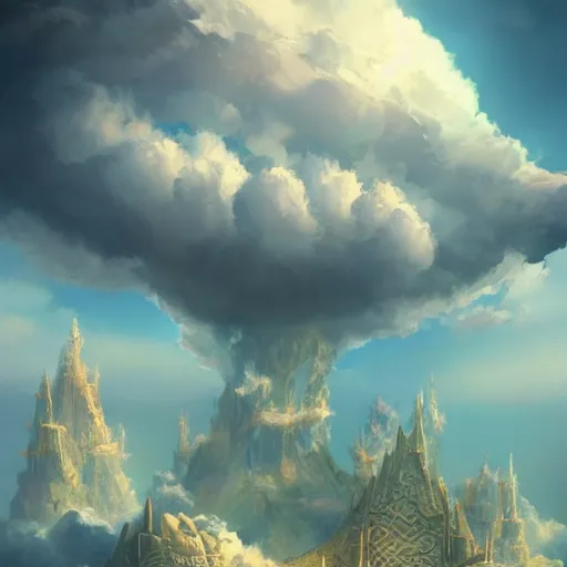 Image similar to floating cloud world, floating cloud palace, floating cloud buildings, paradise, artstation