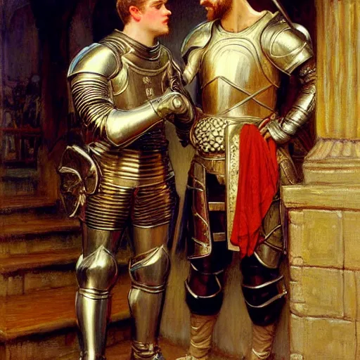 Image similar to attractive fully clothed arthur pendragon confesses his love for his attractive fully clothed male knight. highly detailed painting by gaston bussiere and j. c. leyendecker 8 k