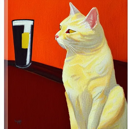 Image similar to oilpainting canvas of a sad orange white tabby cat drinking beer and smoking a cigarette at a bar, overthinking his mistakes he made in life