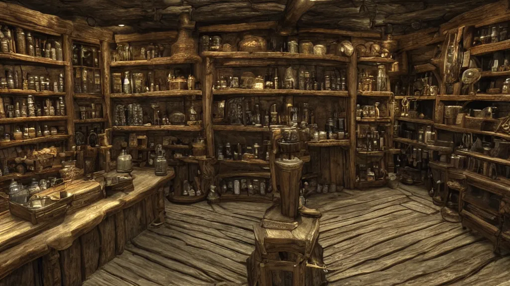 Prompt: 12th century apothecary shop, still from the game skyrim!!!, wide lens