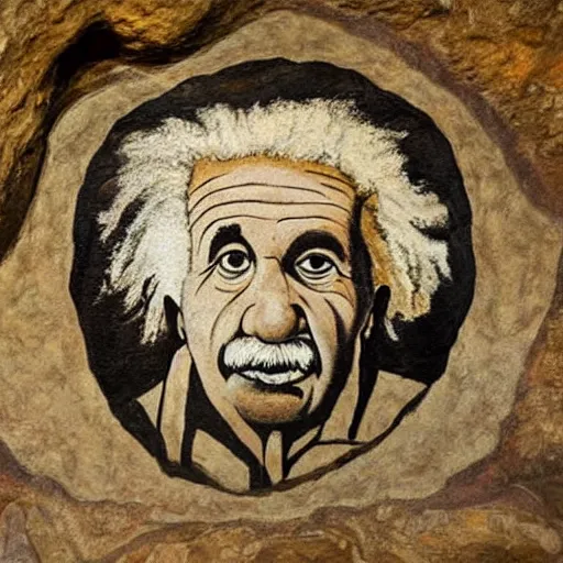 Image similar to paleolithic painting of einstein on a cave wall in altamira