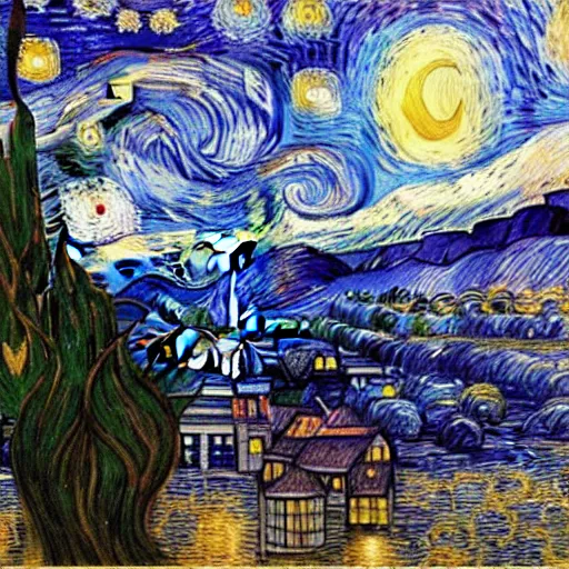 Image similar to the starry night by van gogh, fantasy, hd, volumetric lighting, 4 k, intricate detail, by jesper ejsing, irakli nadar