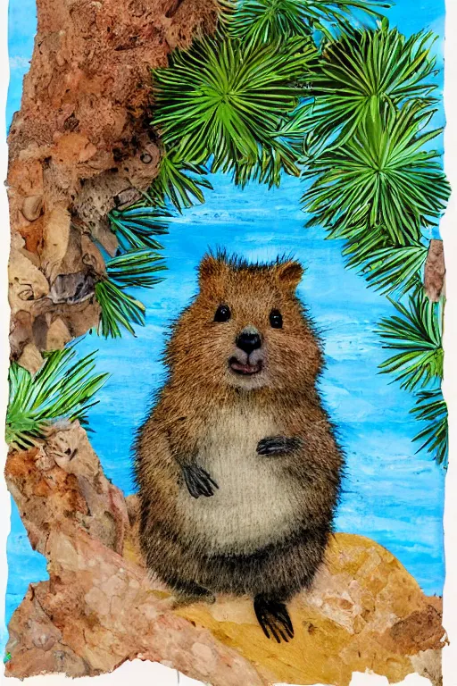 Prompt: detailed illustration, a portrait of a happy quokka on rotttnest island constructed from colored paper, collage, may gibbs, layered composition, layers, texture, textured, layered, sculpted, dynamic, 🦋, 🌱,