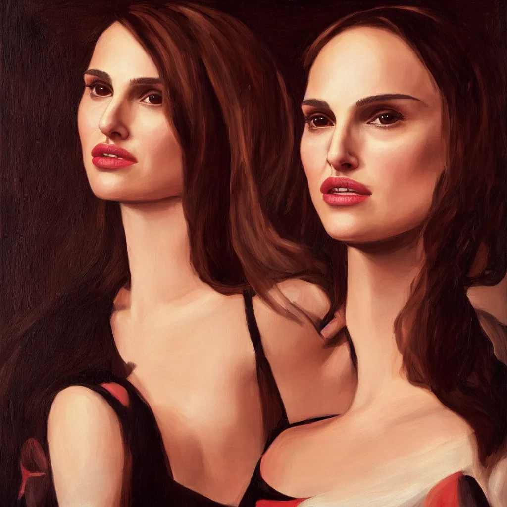 Image similar to portrait of Natalie Portman in style of Caravaggio, dramatic colors scheme