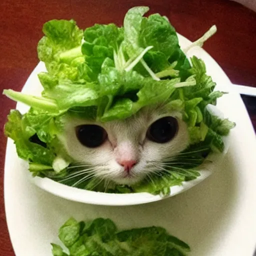 Prompt: a cute cat made of salad