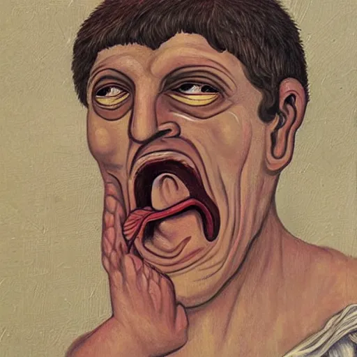 Image similar to portrait of ancient greek idiot yawning with big eyes and sharp nose. fine detail. artistic painting by lurid