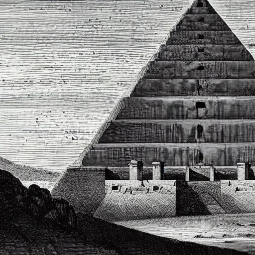 Image similar to A 1780s etching of a barren landscape dominated by an unfinished pyramid of 13 steps, topped by the Eye of Providence within a triangle. Roman numerals are engraved at the base of the pyramid.