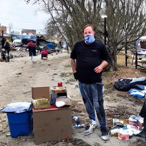 Prompt: Alex Jones homeless in a homeless camp receiving free food from liberals