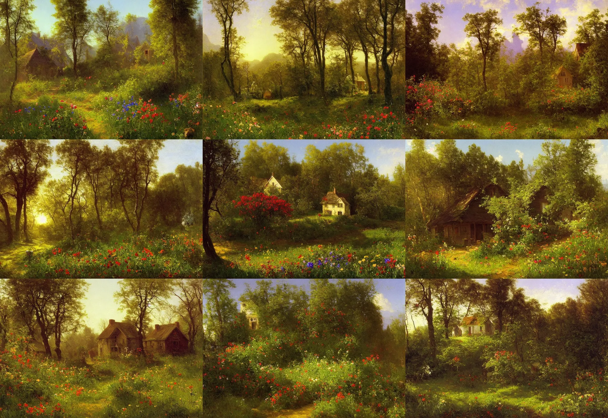 Prompt: a remote cottage house with garden, perfect spring day with, colorful wildflowers, painting by albert bierstadt, early morning light