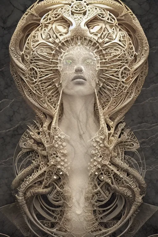 Image similar to carved white marble female biomechanical sculpture, persian rug, Mandelbulb 3d fractal, trending on artstation, subtle gold accents, beautifully lit, by zdzislaw beksinski, tsutomu nihei, peter mohrbacher, hyper detailed, insane details, intricate, elite, ornate, elegant, luxury, dramatic lighting, cgsociety, hypermaximalist, golden ratio, environmental key art, octane render, weta digital, micro details, structure, ray trace, 4k, epic, masterpiece